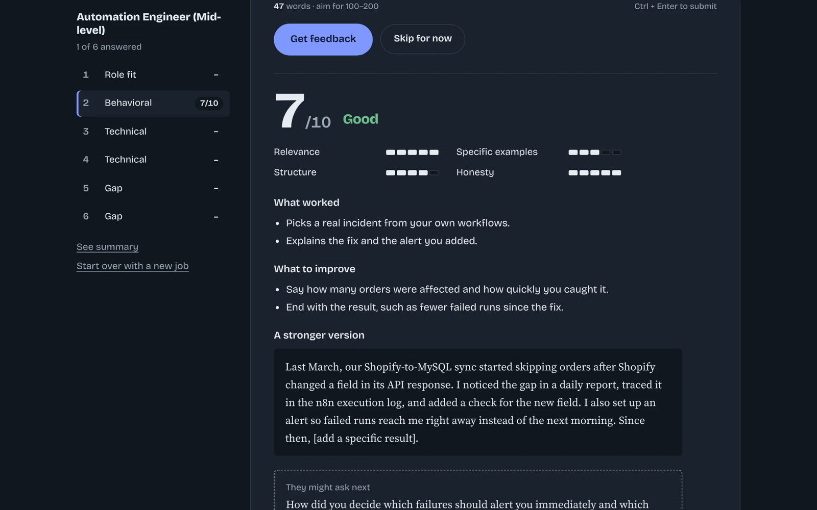 Interview Prep Coach scoring a behavioral answer 7 out of 10 with rubric ratings, what worked, what to improve, and a stronger version of the answer